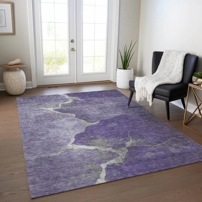 Purple And Beige Abstract Washable Indoor Outdoor Area Rug Photo 6