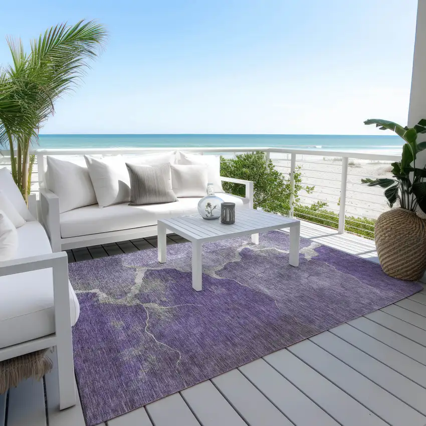 Purple And Beige Abstract Washable Indoor Outdoor Area Rug Photo 5
