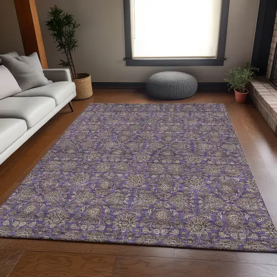 Purple And Beige Floral Washable Area Rug With UV Protection Photo 4