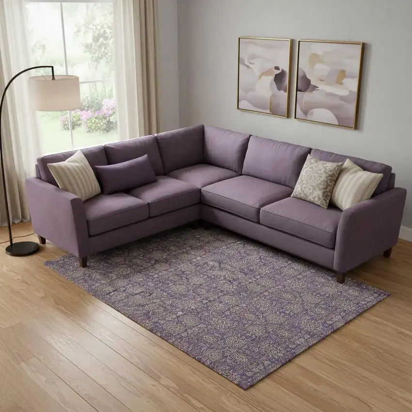 Purple And Beige Floral Washable Area Rug With UV Protection Photo 3