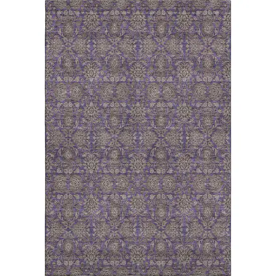 Purple And Beige Floral Washable Area Rug With UV Protection Photo 1