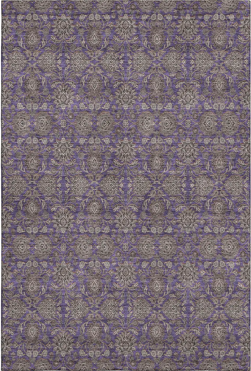Purple And Beige Floral Washable Area Rug With UV Protection Photo 1