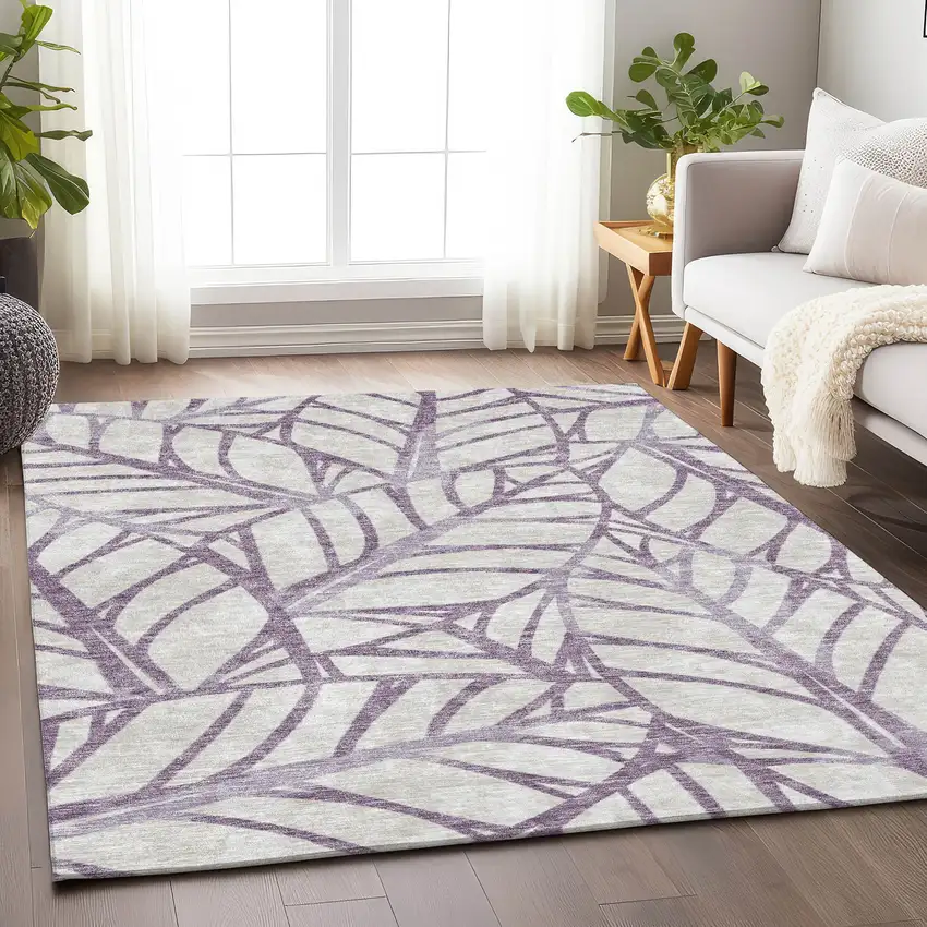 Purple And Beige Floral Washable Area Rug With UV Protection Photo 5