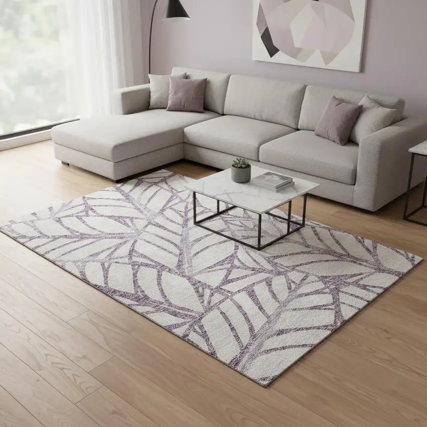 Purple And Beige Floral Washable Area Rug With UV Protection Photo 2