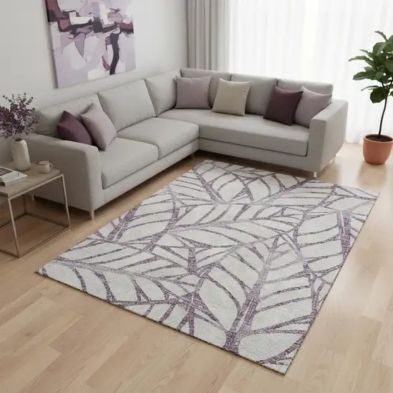 Purple And Beige Floral Washable Area Rug With UV Protection Photo 2