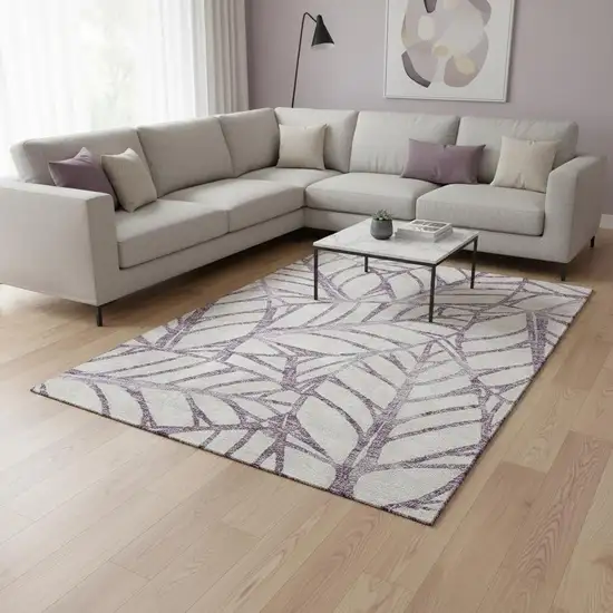 Purple And Beige Floral Washable Area Rug With UV Protection Photo 2