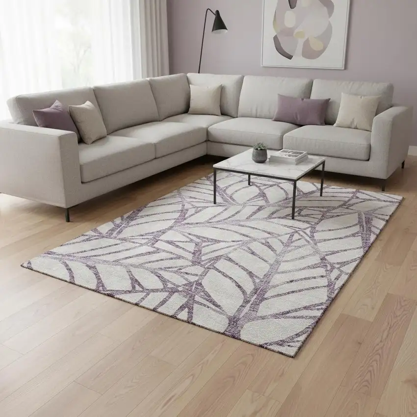 Purple And Beige Floral Washable Area Rug With UV Protection Photo 2