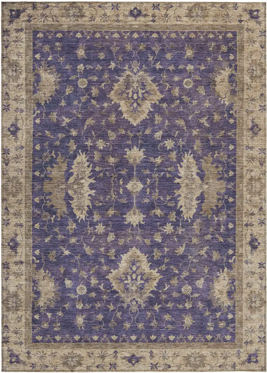 Purple And Beige Floral Washable Indoor Outdoor Area Rug Photo 1