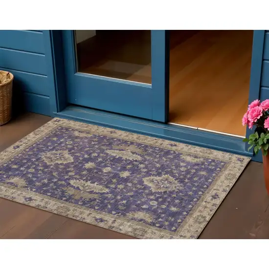 Purple And Beige Floral Washable Indoor Outdoor Area Rug Photo 2