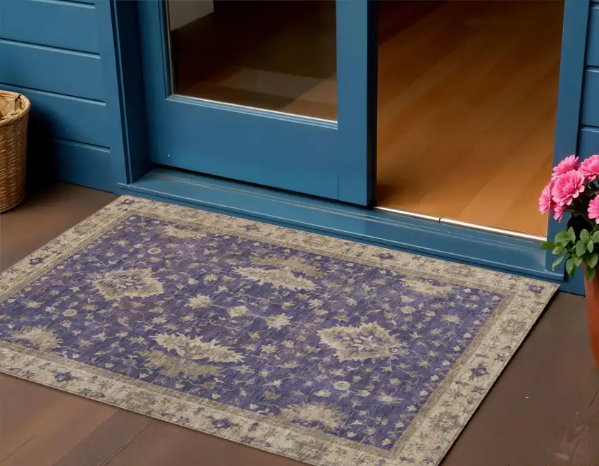 Purple And Beige Floral Washable Indoor Outdoor Area Rug Photo 2
