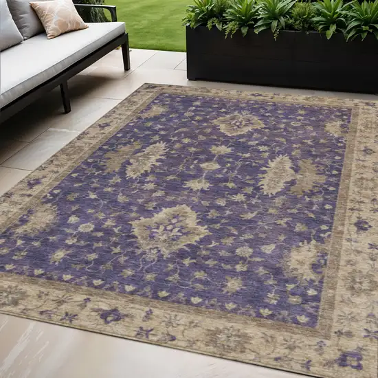 Purple And Beige Floral Washable Indoor Outdoor Area Rug Photo 2