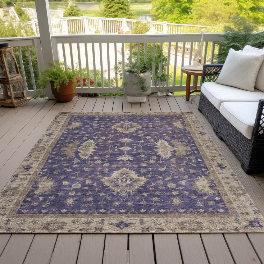 Purple And Beige Floral Washable Indoor Outdoor Area Rug Photo 8