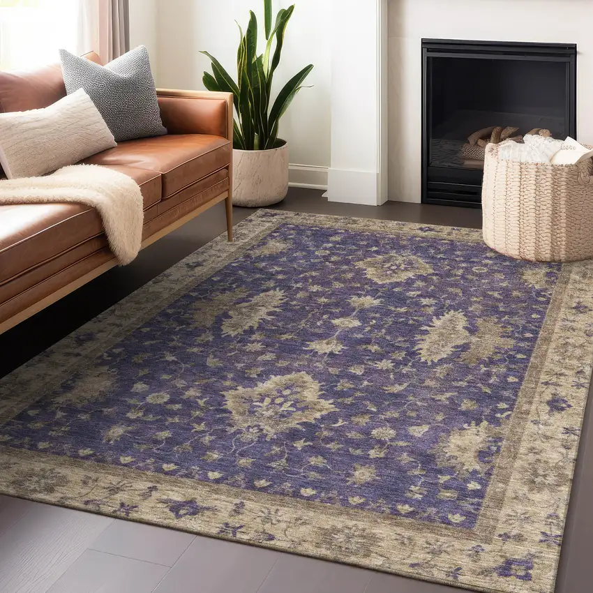 Purple And Beige Floral Washable Indoor Outdoor Area Rug Photo 6