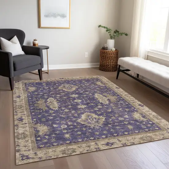 Purple And Beige Floral Washable Indoor Outdoor Area Rug Photo 7