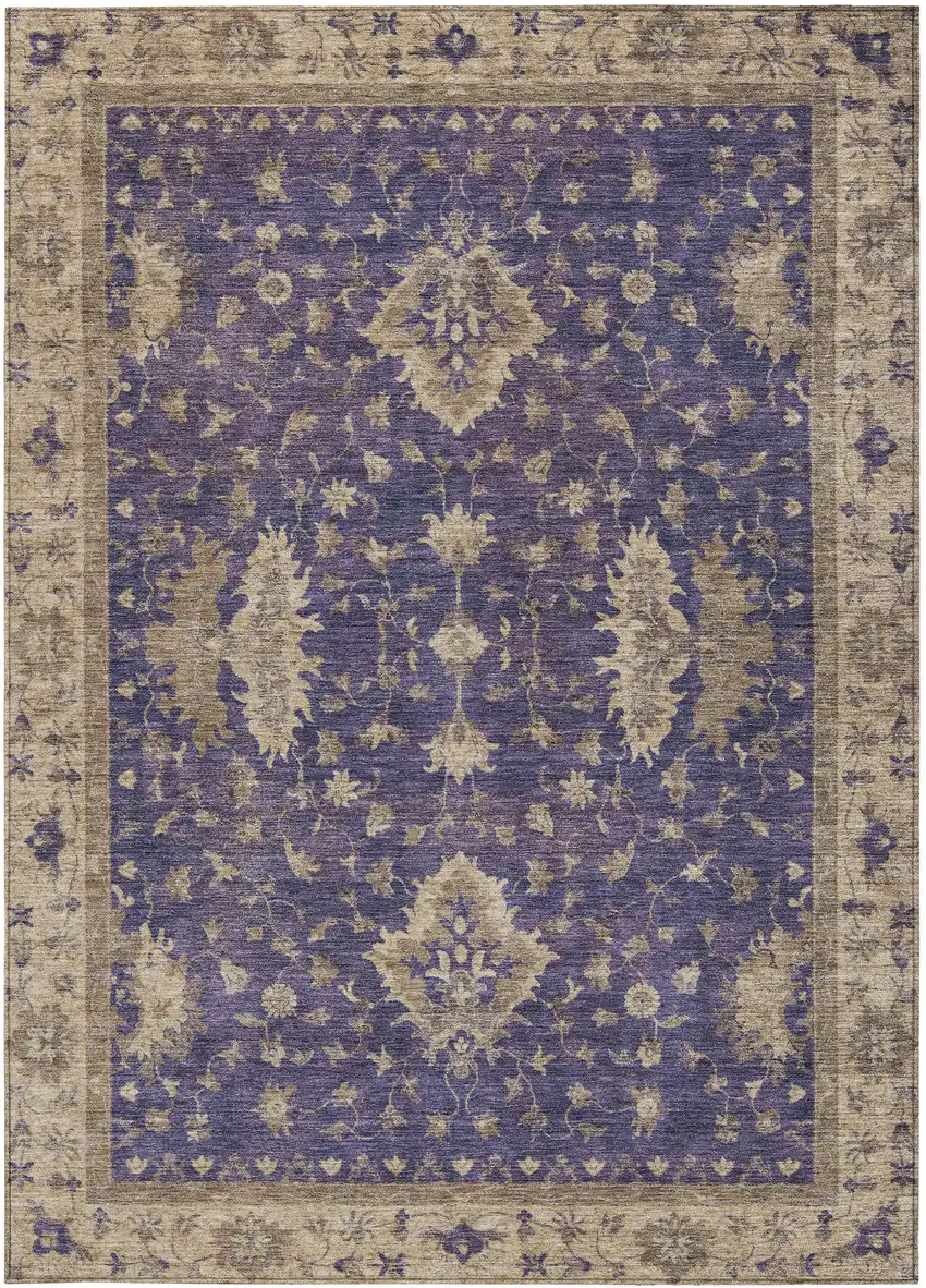 Purple And Beige Floral Washable Indoor Outdoor Area Rug Photo 3