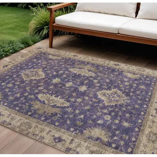 Purple And Beige Floral Washable Indoor Outdoor Area Rug Photo 2