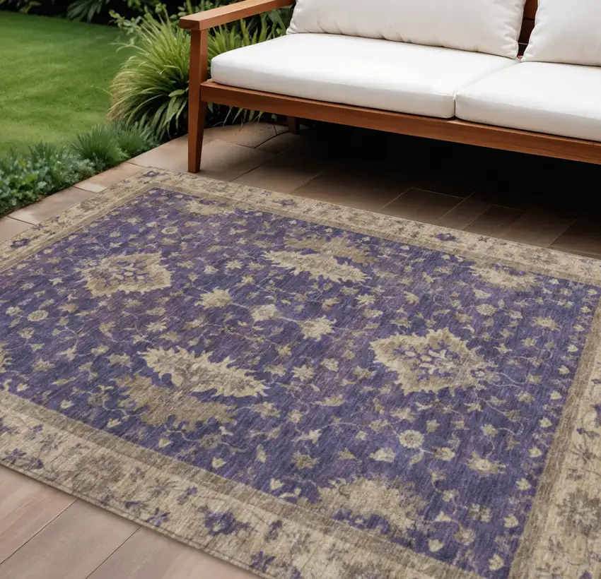 Purple And Beige Floral Washable Indoor Outdoor Area Rug Photo 2