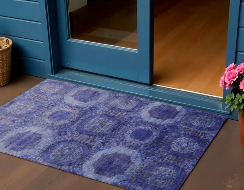 Purple And Beige Medallion Washable Indoor Outdoor Area Rug Photo 2