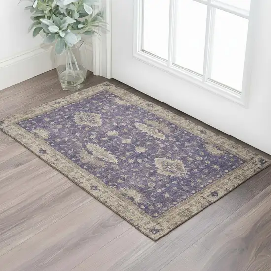 Purple And Beige Oriental Washable Area Rug With UV Protection Photo 2