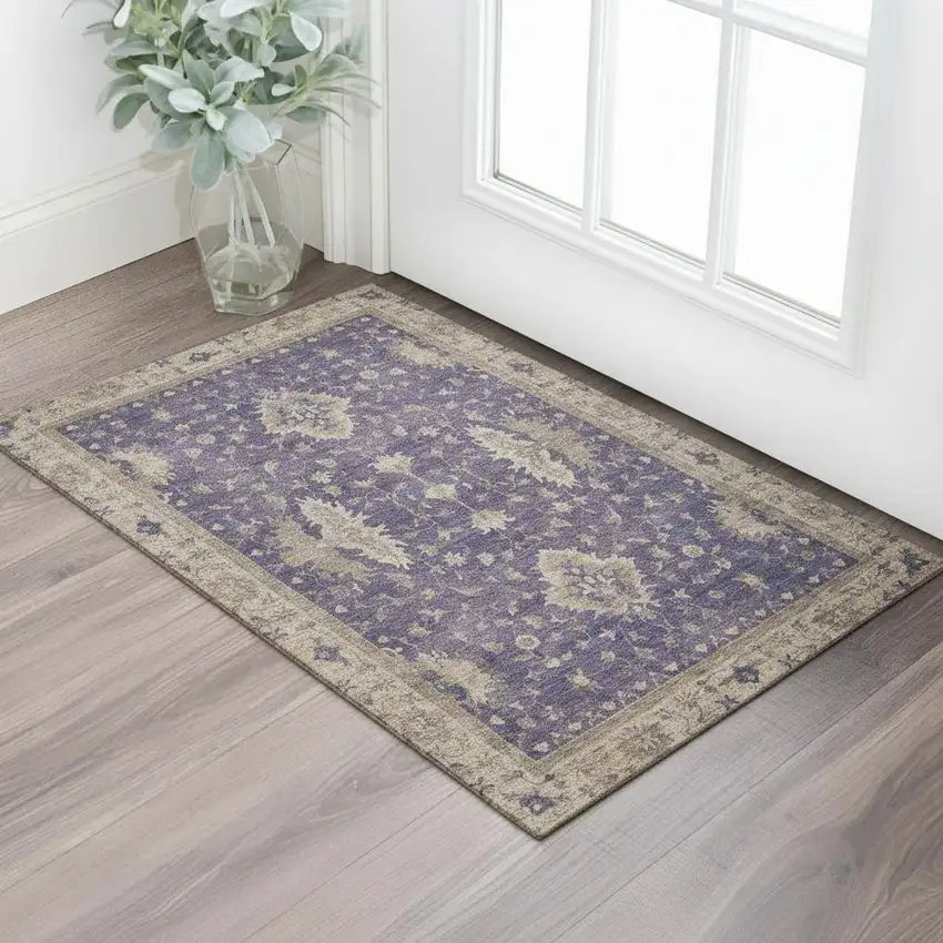Purple And Beige Oriental Washable Area Rug With UV Protection Photo 2