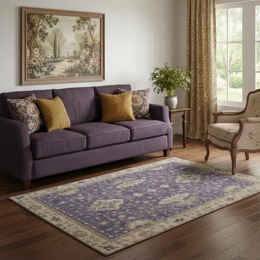 Purple And Beige Oriental Washable Area Rug With UV Protection Photo 2