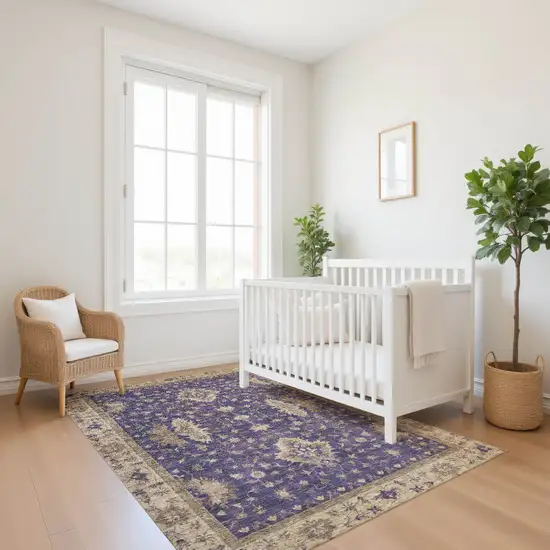 Purple And Beige Oriental Washable Area Rug With UV Protection Photo 5