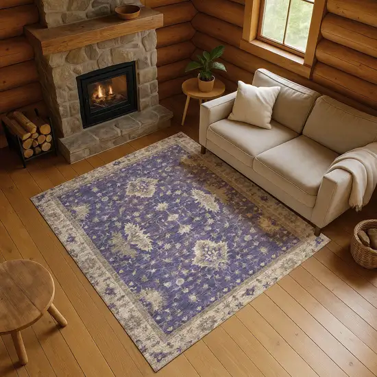 Purple And Beige Oriental Washable Area Rug With UV Protection Photo 5