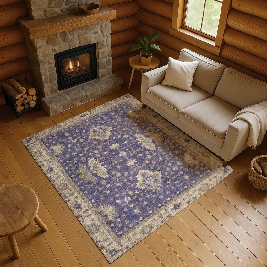Purple And Beige Oriental Washable Area Rug With UV Protection Photo 4