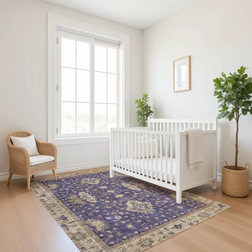 Purple And Beige Oriental Washable Area Rug With UV Protection Photo 5