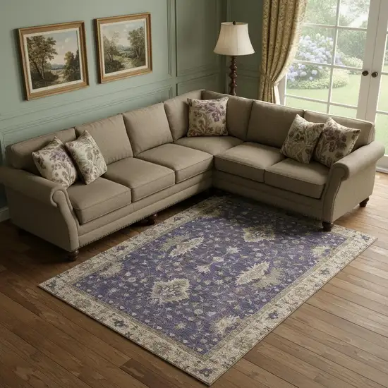 Purple And Beige Oriental Washable Area Rug With UV Protection Photo 2