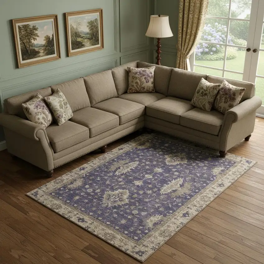 Purple And Beige Oriental Washable Area Rug With UV Protection Photo 2