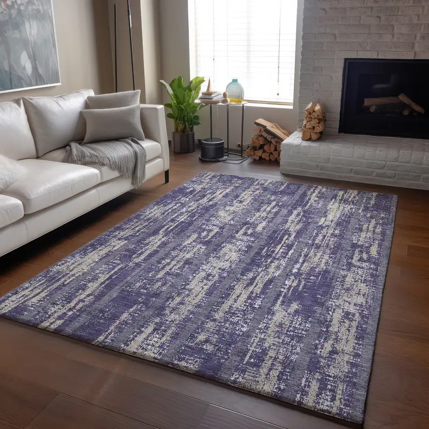 Purple And Beige Striped Washable Area Rug With UV Protection Photo 5