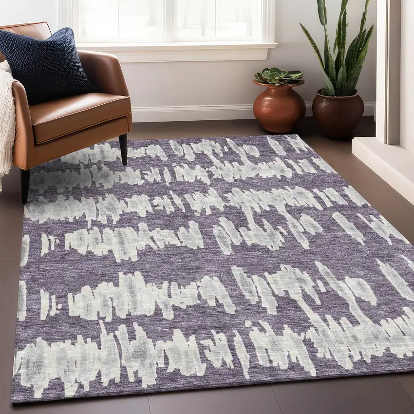 Purple And Beige Striped Washable Area Rug With UV Protection Photo 5