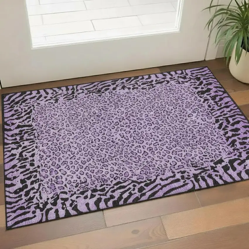 Purple And Black Animal Print Washable Area Rug With UV Protection Photo 2