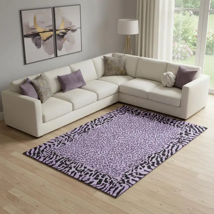 Purple And Black Animal Print Washable Area Rug With UV Protection Photo 2