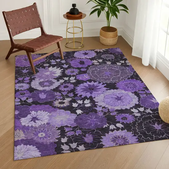 Purple And Black Floral Washable Indoor Outdoor Area Rug Photo 9