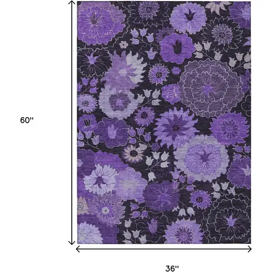 Purple And Black Floral Washable Indoor Outdoor Area Rug Photo 3