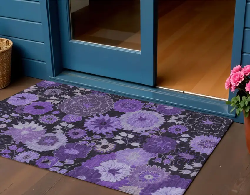 Purple And Black Floral Washable Indoor Outdoor Area Rug Photo 1