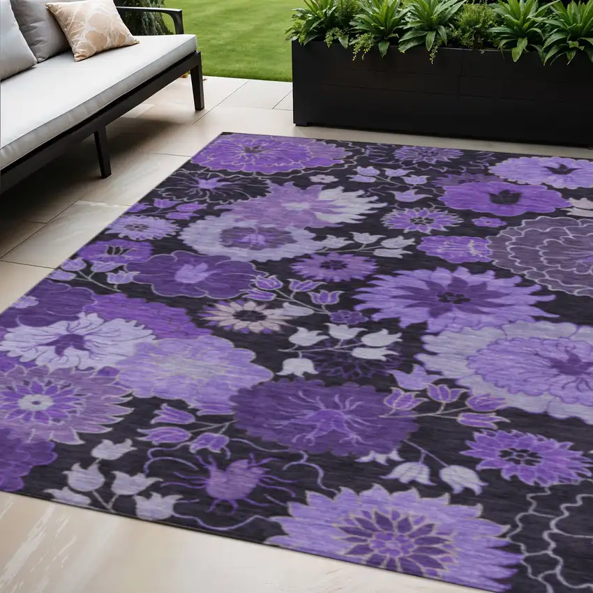 Purple And Black Floral Washable Indoor Outdoor Area Rug Photo 1
