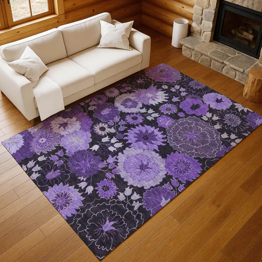 Purple And Black Floral Washable Indoor Outdoor Area Rug Photo 9