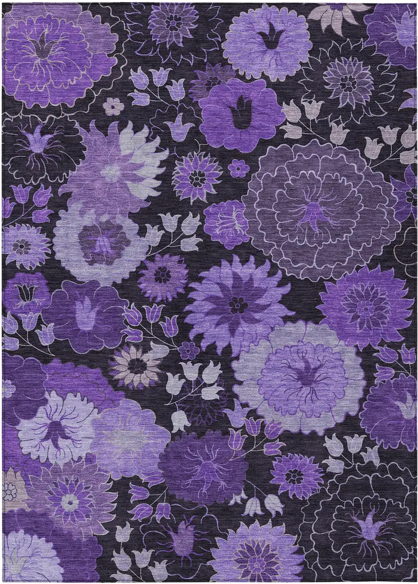 Purple And Black Floral Washable Indoor Outdoor Area Rug Photo 2