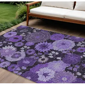 Photo of Purple And Black Floral Washable Indoor Outdoor Area Rug