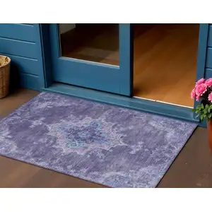 Photo of Purple And Blue Medallion Washable Indoor Outdoor Area Rug