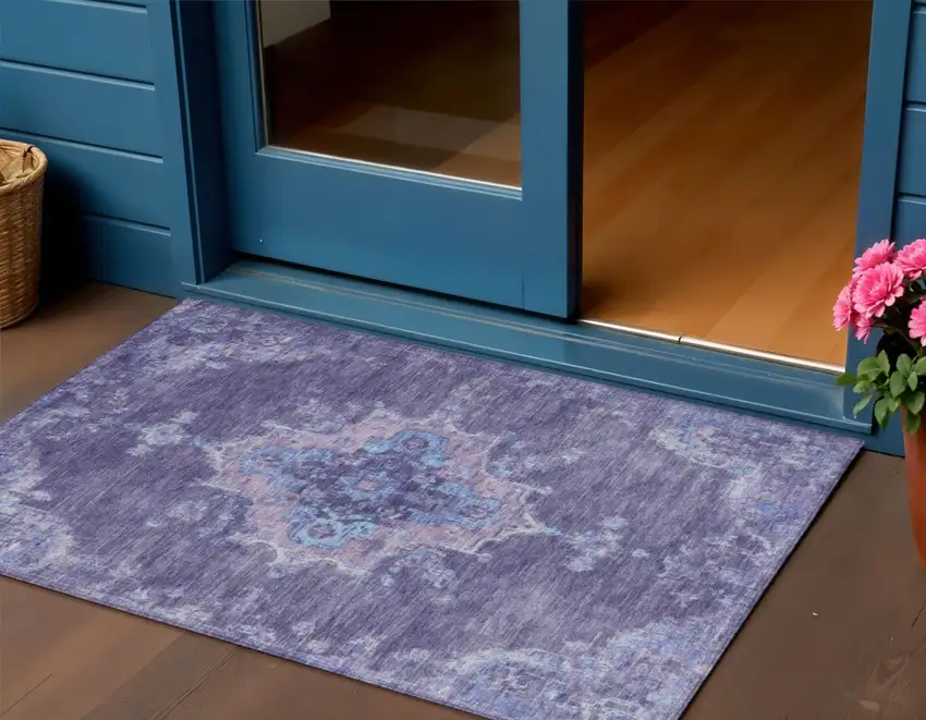 Purple And Blue Medallion Washable Indoor Outdoor Area Rug Photo 1