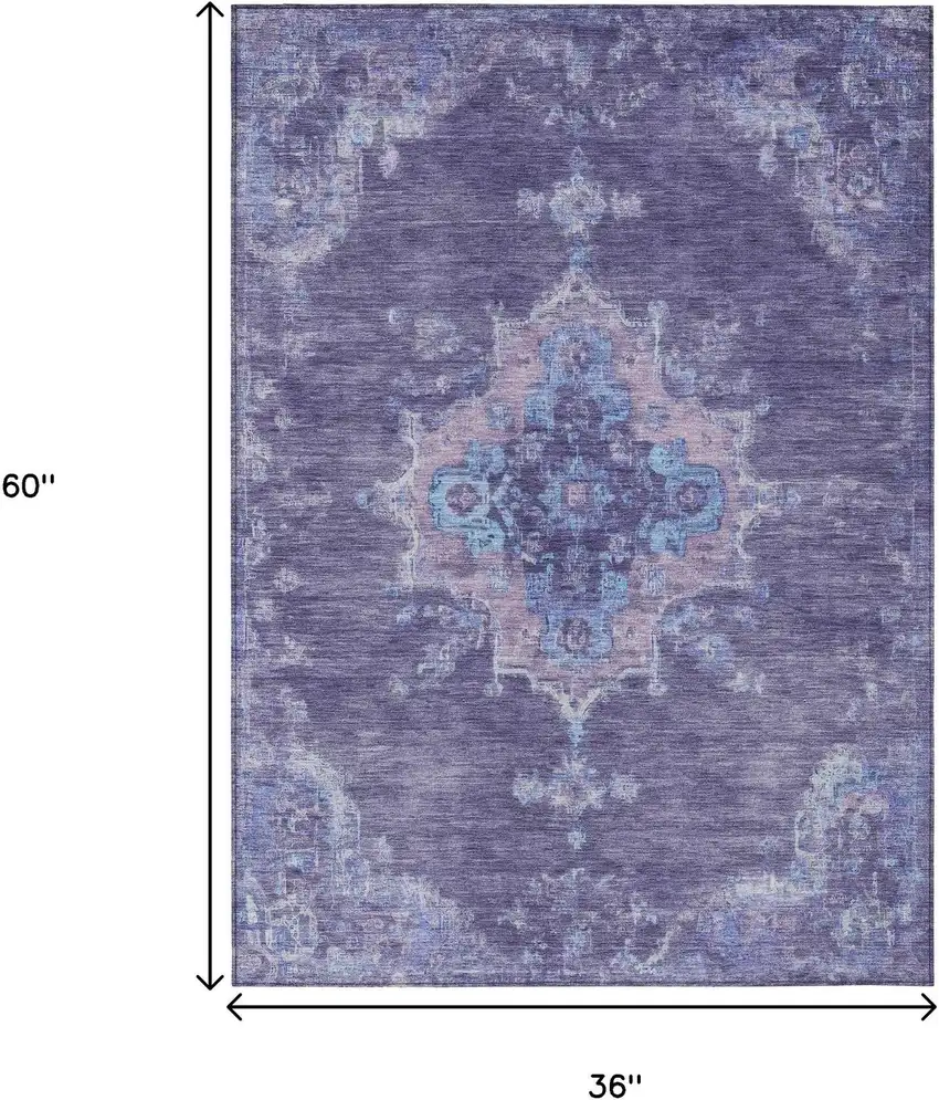 Purple And Blue Medallion Washable Indoor Outdoor Area Rug Photo 3