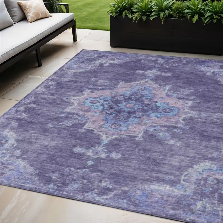 Purple And Blue Medallion Washable Indoor Outdoor Area Rug Photo 1