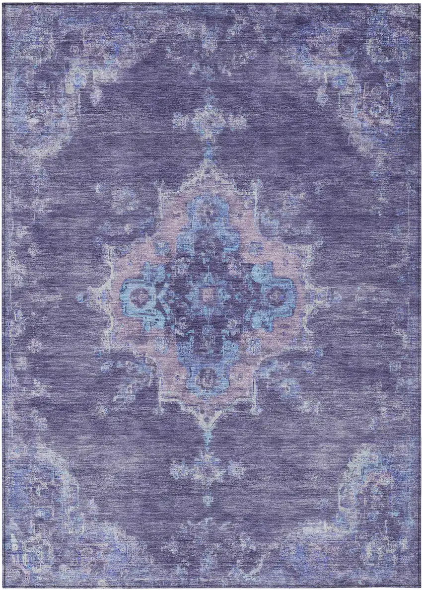 Purple And Blue Medallion Washable Indoor Outdoor Area Rug Photo 2