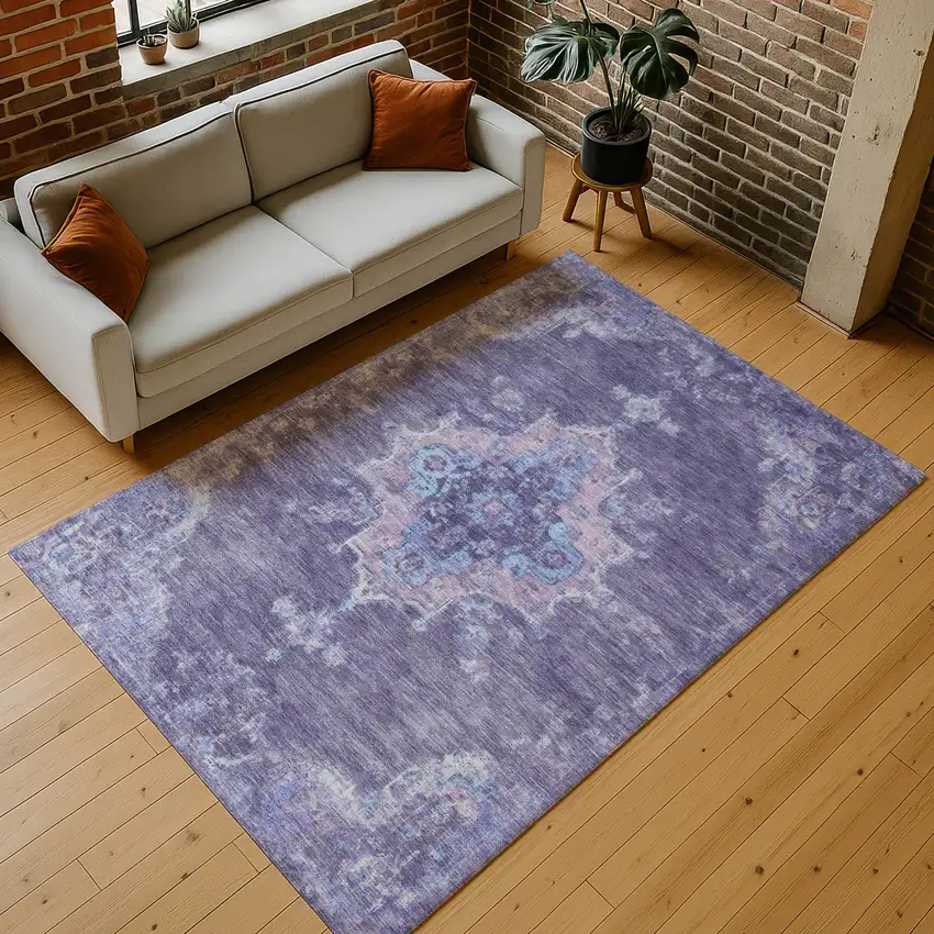 Purple And Blue Medallion Washable Indoor Outdoor Area Rug Photo 9