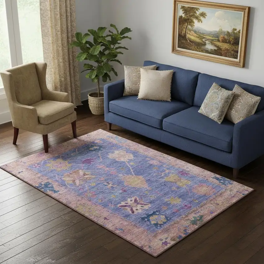 Purple And Blue Oriental Washable Area Rug With UV Protection Photo 2