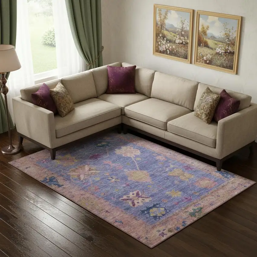 Purple And Blue Oriental Washable Area Rug With UV Protection Photo 2